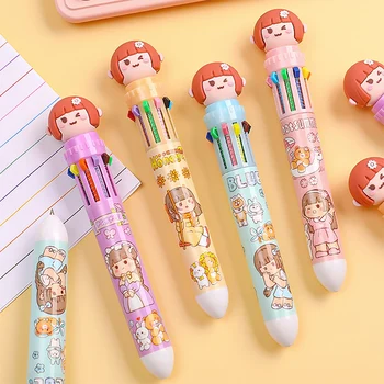 10 цвята Скъпа химикалка писалка за момичета с анимационни герои, канцеларски материали, ученически принадлежности Papelaria Escolar, разноцветни химикалки, цветни бензиностанция