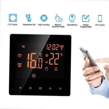 16A WiFi умен термостат, дигитален регулатор на температурата, LCD дисплей, сензорен екран, електрически програмируем термостат за подгряване на пода