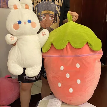 2 В 1 креативна чанта с ягоди и моркови, трансформирующаяся в плюшени играчки заек, сладка дебела кръгла кукла-прасенце, меки подаръци за деца Kawaii