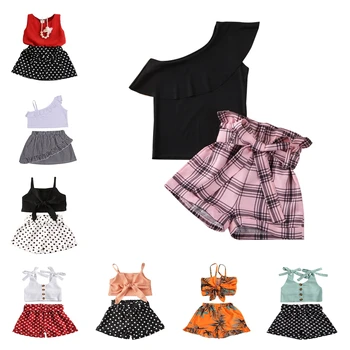 2021 Модни Дрехи за Малките Момичета, Детски Летни Ризи С Волани с едно рамо, Потници, Шорти в клетка с лък, Комплекти, дрехи от 2 до 7 години