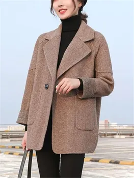 2022 Есенно-зимния вълнена палта, дамски дебела свободна яке от смесовой вълна, върхове, корейската мода, Ежедневни връхни дрехи с джобове, дамски Abrigos