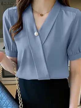 2023 ZANZEA Елегантна дамска блуза, лятна риза с къс ръкав и V-образно деколте, модни обикновена офис блузи, ежедневни свободни блузы, ризата