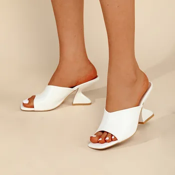 2023 Дамски обувки, обикновена кожени чехли, пролетно-летни модни сандали на високи токчета, черни, бели дамски чехли без закопчалка