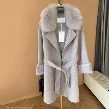 2023 Есенно-зимния ново дамско палто от естествена кашмир с лисьим яка и кожа, дамски топла горна дреха с дълъг ръкав и колан.
