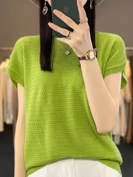 2023 Женска тениска с кръгло деколте и къси ръкави в чужд стил, свободна, тънка, малка, нова линия дрехи, вязаный топ с ръкави 