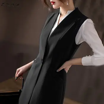 2023, Женски класически модерен дълга жилетка, дамски елегантна тънка горна дреха без ръкави, луксозен офис-женски дълъг случайни жилетка B125