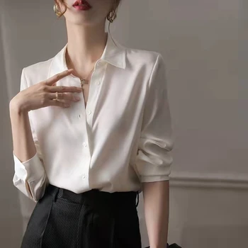 2023 Летни дамски сатенени ризи с дълъг ръкав, просто обикновен дизайн, плътно прилепнали ризи и блузи за жени