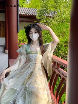 2023 Лятна къса риза Рокля на бретелях бродирани дрехи за жени Сладък китайското традиционната рокля Hanfu Рокля Chinese Hanfu