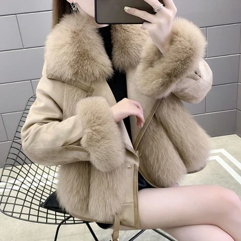 2023 Нов стил, Темперамент дамско палто с лисьим кожа, вълна агнешко зимна кожа плюс кадифе гъст късо палто корейски оверсайз