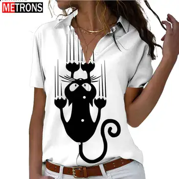 2023 нова лятна дамска риза с къси ръкави в стил 3D-печат с сладък котка, по-големи размери, дамски ежедневни однобортная блуза с ревери