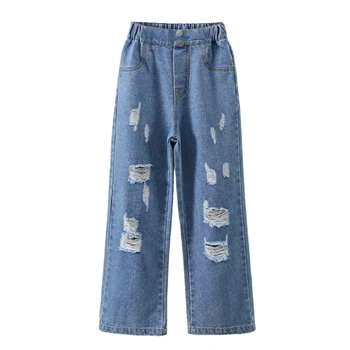2023 Нови стилни скъсани дънки с широки штанинами за момичета, дънкови панталони с висока талия, ежедневни свободни панталони с еластичен колан и джоб