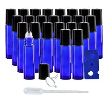 25шт 10 мл кобальтово-сини стъклени бутилки-ролки, празни, за еднократна употреба, стъклени бутилки-ролки за етерични масла с топки-ролки от неръждаема стомана