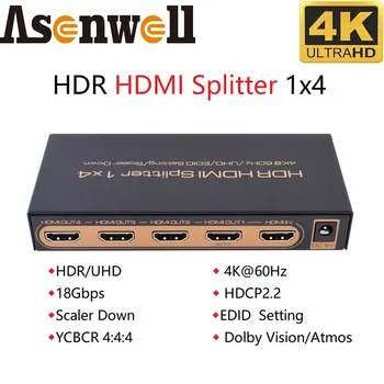 4K @ 60Hz HDMI-сплитер 1 4 изход Поддръжка на мащабиране Надолу HDMI-съвместим сплитер 1x4 дървен материал HDMI 2.0 a 4:4:4 HDCP2.2 UHD HDR10 Настройки EDID