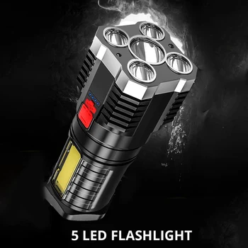 5 LED Супер Ярък Фенерче, Акумулаторна батерия Открит Мултифункционален Водоустойчив USB Дальнобойный Прожектор Мощен COB Light Факел