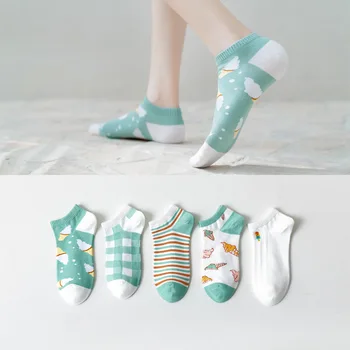 5 двойки/лот, памучни модерен елегантен забавни сладък дамски чорапи за момичета, зелено сладолед, къси дамски чорапи с дълбоко деколте на глезените, лято и пролет