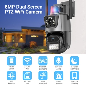 8-Мегапикселова Двухобъективная WIFI IP Камера с 4-кратно Увеличение, Открит 4K HD Екран, PTZ Камера, Автоматично Проследяване, Камера за Видеонаблюдение, P2P Видеонаблюдение