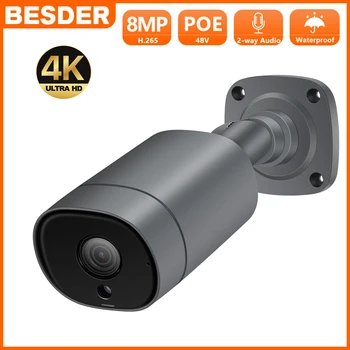 BESDER 4K 8MP 48V POE IP Камера Жичен Външна Камера 4MP Откриване на движение Двупосочна Аудио Инфрачервена Камера за видеонаблюдение
