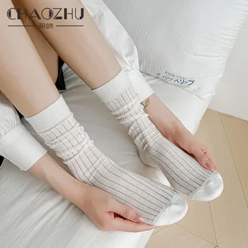 CHAOZHU 1 Чифт Японски Корейски Френски Чорапи Ins Ootd Пролет Лято От Фин Памук в Рубчик За Всеки Ден от Основни Черно Бели Сиво Свободни Чорапи