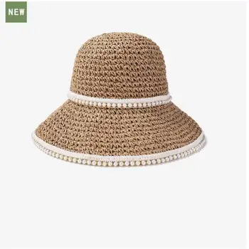 COKK Летни шапки за жени, мъниста, ръчно изработени, сламена шапка от слънцето, жените градинска ежедневни плажна шапка от слънцето, мека шапка от слънцето, корея, скъпа новост
