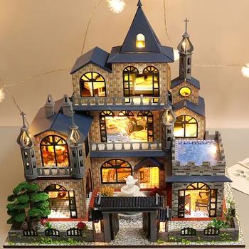 Diy Wooden Куклена Къща Комплект С Миниатюрни Мебели Светлина Casa Европейската Вила Куклена Къща Играчки Roombox За Възрастни Коледни Подаръци