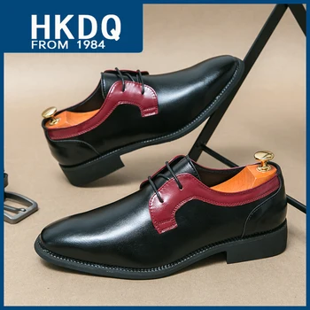 HKDQ/ Модни Мъжки Кожени обувки с остри пръсти, Ежедневни Бизнес Дишаща Мъжки Модельная обувки, Удобни, Елегантни Мъжки Официалната обувки дантела