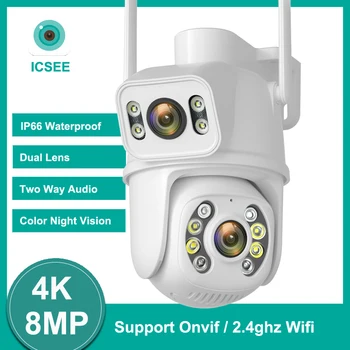 ICSEE 4K 8MP двухобъективная Wi-Fi PTZ камера с двойна екран, автоматично следене с помощта на изкуствен интелект, откриване на човек, външно водонепроницаемое двупосочна аудио наблюдение