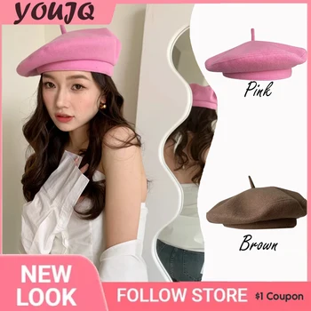 INS Полушерстяной необходимо, японски зимни, пролетни шапки за дамите, сладка розова шапка на художник, шапка-летяща чиния, дамски