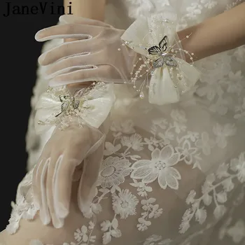 JaneVini Guantes Malla Сватбени ръкавици с перли и лък-пеперуда за булката, секси сватбени дамски ръкавици от прозрачен тюл, Gants En-Dentelle