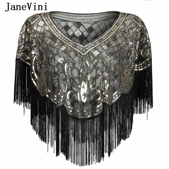 JaneVini Модерни сватбени шалове от черно злато с лъскави пайети, болеро, расшитое мъниста, къси тайна с дълъг пискюл, женски сватбени аксесоари