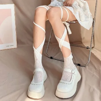 JK Секси мрежести чорапи до бедрото, в рибарска мрежа, дълги чорапи за момичета, чорапи в японски стил, нередовна чорапи с намаляване на пищяла