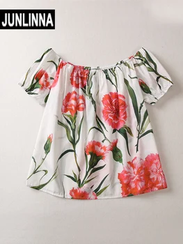 JUNLINNA, нови летни дамски блузи с деколте лодка, с вътрешен пагон, модни празнична тениска с флорални принтом за парти