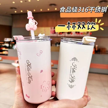 Kawaii Sanrio, детска чаша за вода, мультяшная студентски преносима вакуумно чаша за вода, слама самозалепваща чаша от неръждаема стомана