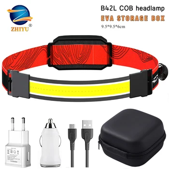 Led налобный фенер B42L, вградена батерия, USB-акумулаторна водоустойчив светлината на прожекторите, бяло и червено осветление за къмпинг, колоездене и бягане
