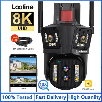Looline 8K UHD 4x4MP IP Камера Външна 6K WiFi PTZ Мультилинзовая С Три Екрана 10-Кратно Оптично Увеличение, Автоматично Следене на 2-Лентов Аудио Камера за Видеонаблюдение