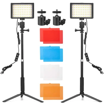 LUXCEO 2 бр Led Комплект за Видео разговори с Увеличение за Уеб камера, Панелни Комплекти за фото студио, с Регулируема Стойка за Статив и Цветни Филтри