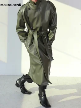 Mauroicardi, пролет-есен, дълъг тренч ArmyGreen черно от изкуствена кожа, мъжки колан, в Свободна луксозен дизайнерски дрехи 2022