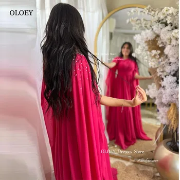 OLOEY Дубай Арабски дамски официални рокли от шифон цвят fuschia с дълги ръкави, мъниста, рокли за абитуриентски бал, рокли за тържествени случай, парти, събитие 2023