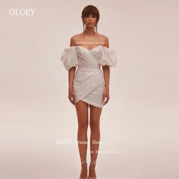 OLOEY Лъскава къса булчинска рокля с открити рамене, сватбени рокли с цепка, мини-секси вечерна рокля с корсет на гърба