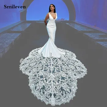 Smileven атласное ново записване, сватбената рокля на Русалка 2021, дантелени апликации, плажни сватбени рокли, секси сватбена рокля с V-образно деколте