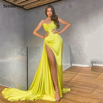 Smileven Жълто секси вечерна рокля Русалка с V-образно деколте, без презрамки, с цепка отстрани, рокли за абитуриентски бал, рокли на знаменитости Дубай, вечерни рокли