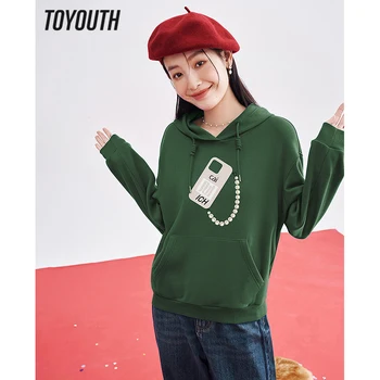 Toyouth / женски флисовые блузи с качулка 2023, пролетни свободни свитшоты с дълги ръкави и графичен принтом, многоцветен casual chic пуловер