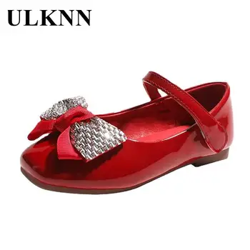 ULKNN/ Червени кожени обувки за момичета, лятна мода обувки на принцесата, детска елегантни детски обувки с кристали и лък, студентски обувки на плоска подметка