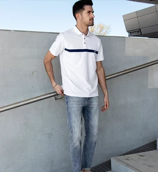 W4531 - годишната нова мъжка риза с къси ръкави, мъжки памучен бяла тениска с ревера, расшитая мъниста, с къси ръкави.J8486