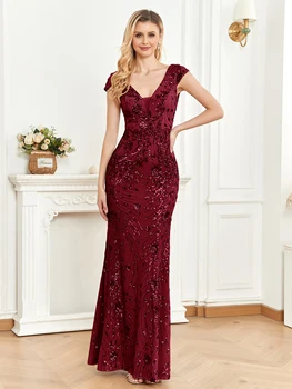 XUIBOL Елегантна вечерна рокля с пайети цвят шампанско 2023, секси дълга вечерна рокля Русалка с дълбоко V-образно деколте за бала, луксозни сватбени рокли за парти, рокля