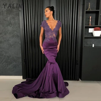 YALIN, дълги тъмно лилаво, вечерни рокли, ръкав-русалка, апликация от мъниста, открита на въртене, сватбена рокля в арабски стил, вечерен халат