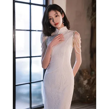 Yourqipao/ женски тънките бели рокли с перли Чонсам, рокли за годишните събрания, дрехи за сватбени тостове в традиционен китайски стил