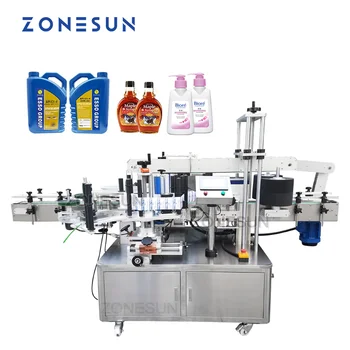 ZONESUN Автоматична двойна двустранен стикер неправилна квадратна форма, плоска пластмасова бутилка, буркан, машина за поставяне на етикети на крему, апликатор на етикети