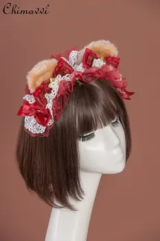 Аксесоари с корона и мечка, сладки червени шапки, дамски лента за коса 2023, пролетно-лятната мода, черна лента за коса с лък и волани за жени
