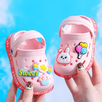 Бебешки сладки изчислителни сабо, обувки с шарени кавайного заек, градински водни пързалки за момичета, лятото дишащи детски сандали, розови детски чехли