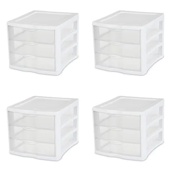 Блок за стерилизация с 3 чекмеджета, пластмаса, бяла, комплект от 4 кутии за съхранение